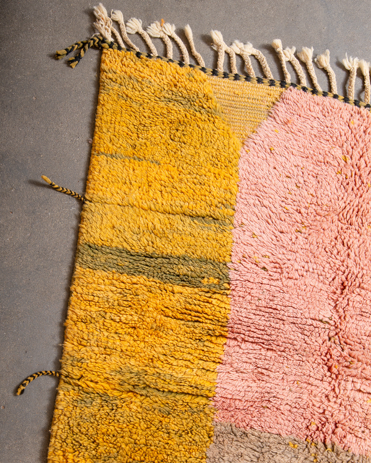 Modern, designer, handcrafted Berber rug from Morocco. Beniourain carpet with beautiful colours and patterns and fluffy wool texture.
